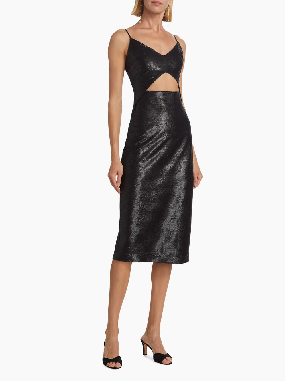 NWT L'AGENCE Femme Sequined Cut-Out Midi-Dress Black Bodycon Cocktail Size 0